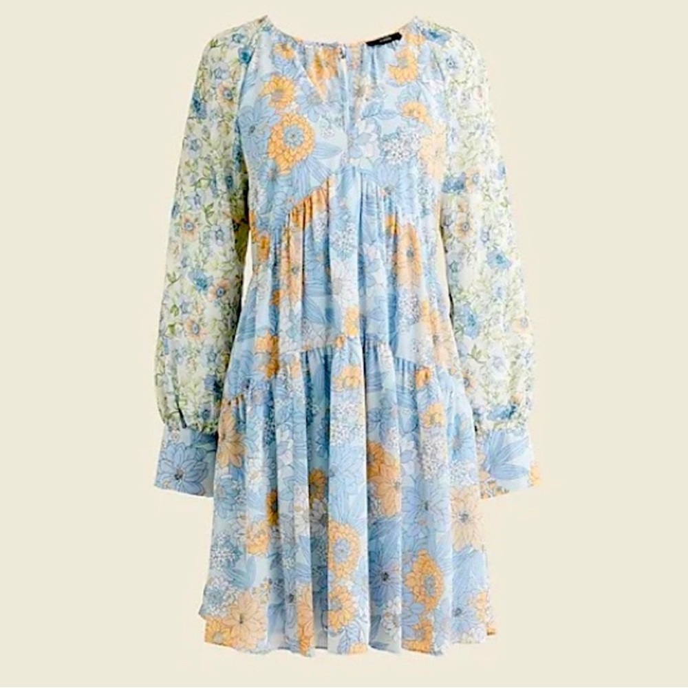 J.Crew Long-sleeve crinkle chiffon baby doll dress in mixed floral plus size 18